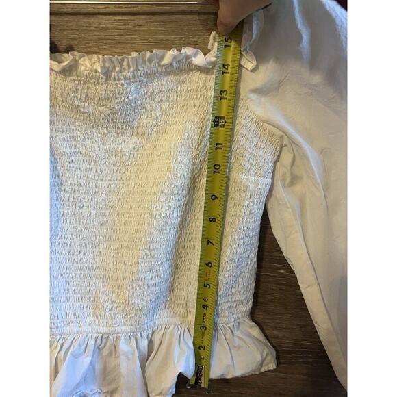 The Drop Top White Crop Shirt Ruffle Form Fit Puff Sleeves Peasant Marisol SMALL - Picture 5 of 7